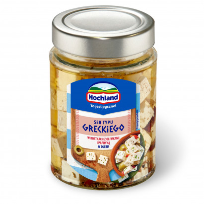Hochland Ser typu greckiego w kostkach z oliwkami i papryką w oleju 300 g