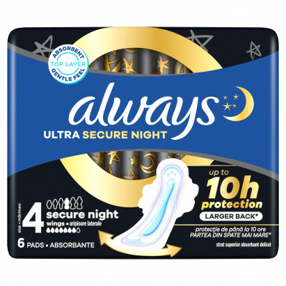 Always Podpaski Ultra Secure Night (rozmiar 4) Podpaski ze skrzydełkami, x 6]