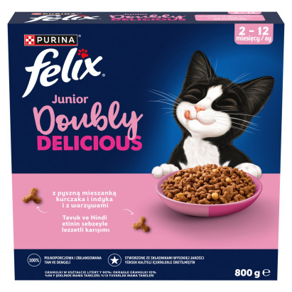 Felix Doubly Delicious Junior Karma z mieszanką kurczaka i indyka i z warzywami 2-12 miesięcy 800 g