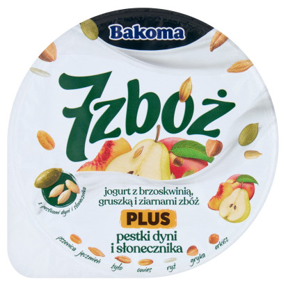 Bakoma 7 zbóż Jogurt z brzoskwinią gruszką i ziarnami zbóż plus pestki dni i słonecznika 300 g